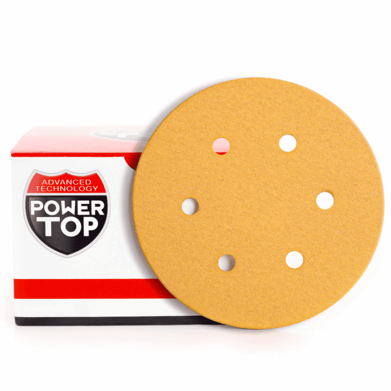 Disco abrasivo 22 PREMIUM Ø150 6F con 6 fori, supporto in carta gialla e attacco velcrato.